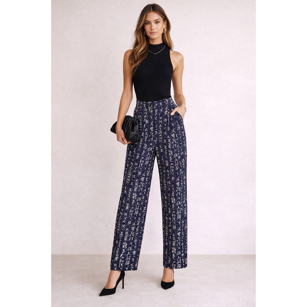 VTG Ellen Tracy 100% Silk Calligraphy Pants Sz 4 High Rise Wide Leg Old Money‎